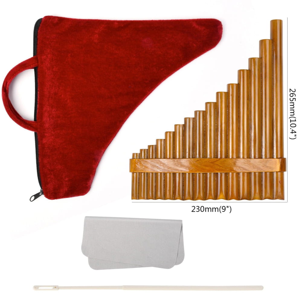 G Key Bamboo Pan Flute with red velvet case and cleaning accessories displayed elegantly