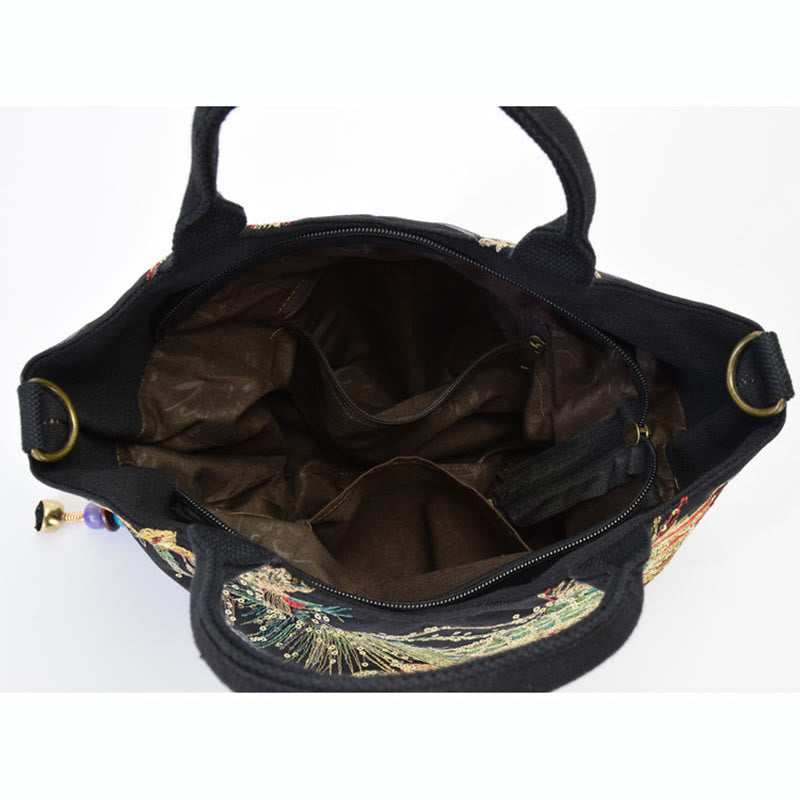 Peacock Embroidered Tote Bag | Canvas Shoulder Crossbody