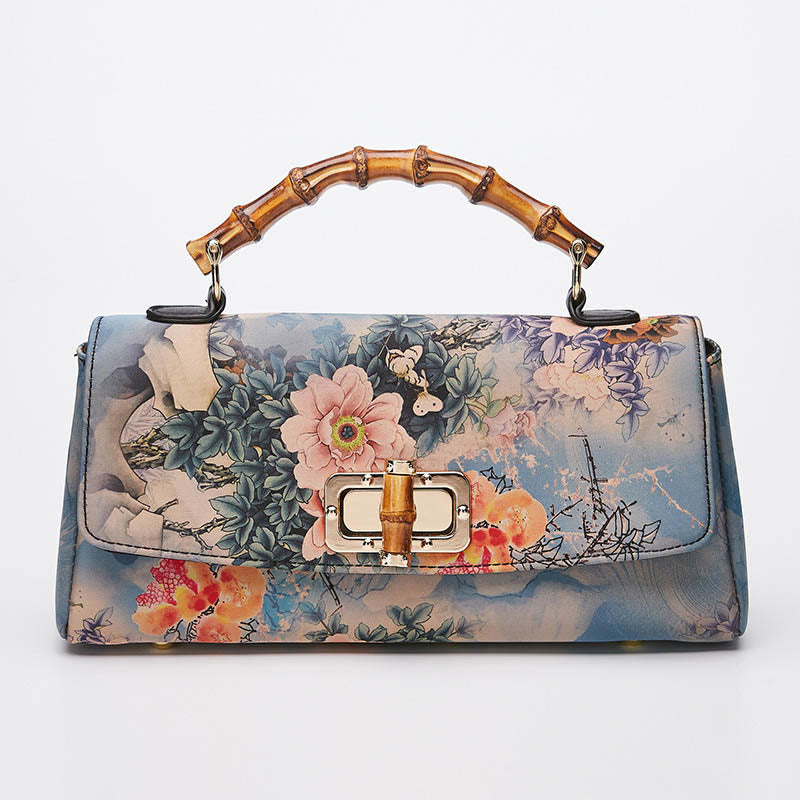 Flower Pattern Bamboo Handle Crossbody Bag 29cm