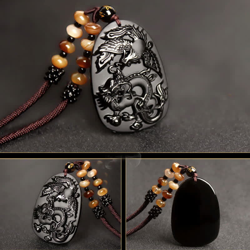 Black Obsidian Dragon Necklace with Tiger Eye Pendant for Protection