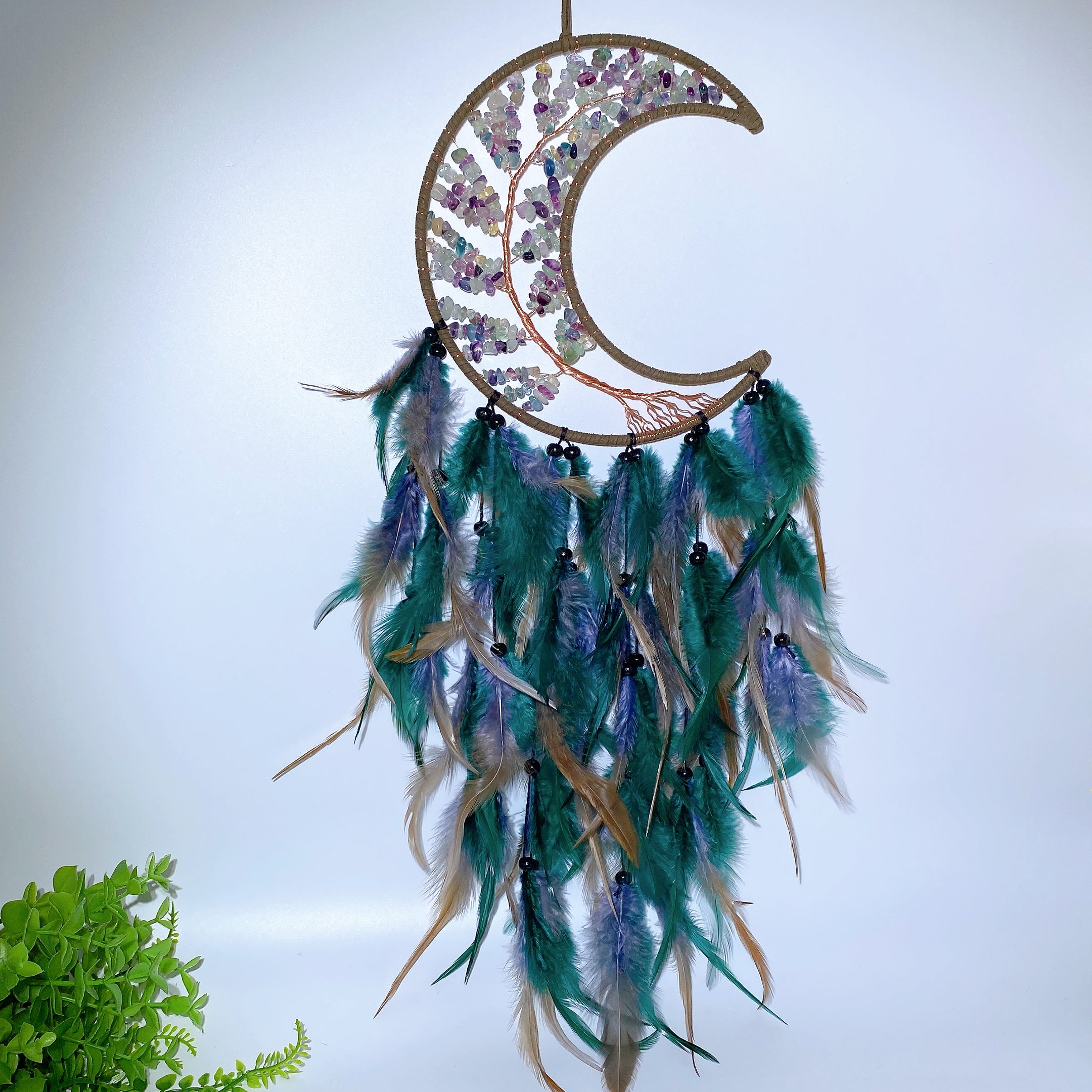 60cm Mixed Crystal Chips Moon Shape Dreamcatcher for Crystal Decor
