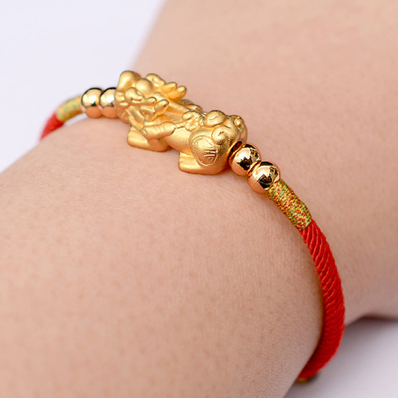 24K Gold-Plated Pixiu Luck Red String Bracelet