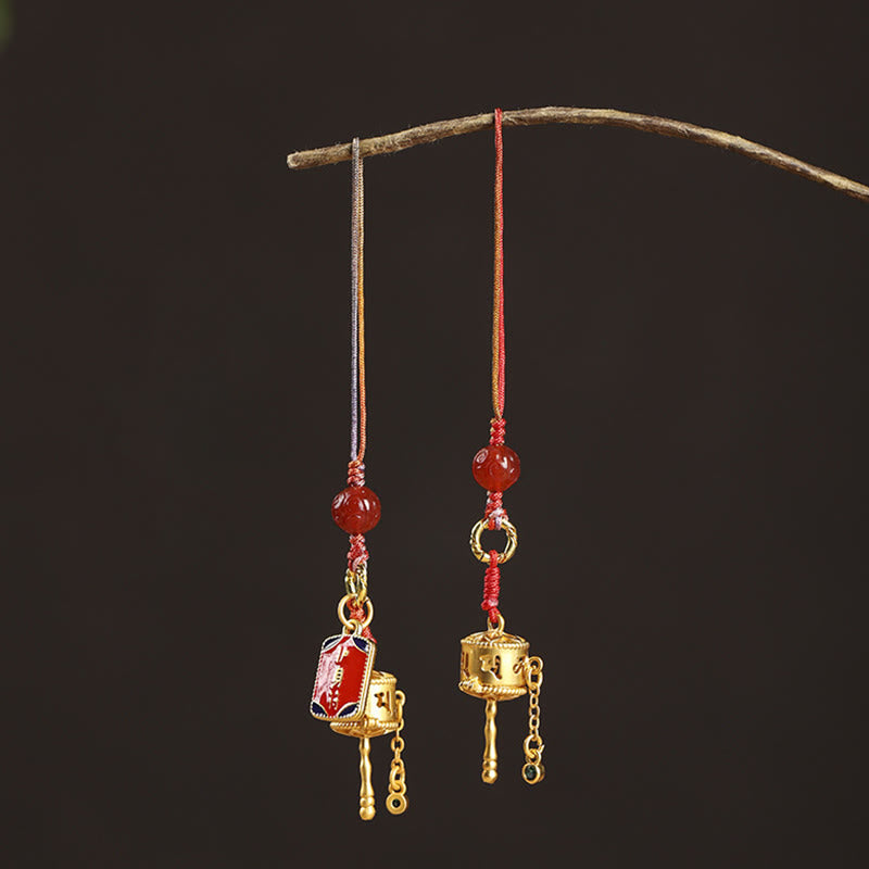 Om Mani Padme Hum Prayer Wheel Amulet in Red Agate with Copper Protection Charm