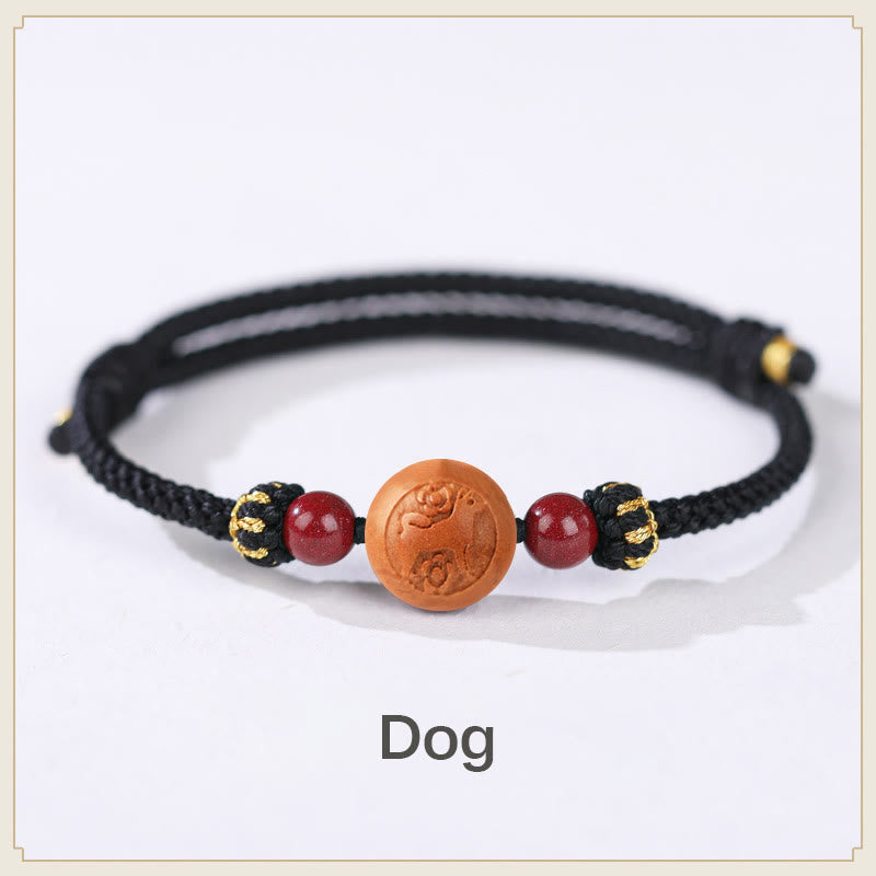 Natural Peach Wood Chinese Zodiac Fu Cinnabar Wealth Bracelet