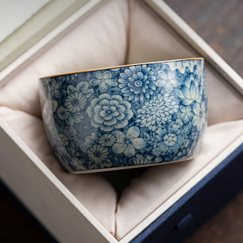 Ceramic Zen Tea Cup with Blue Lotus & Chrysanthemum Design 95ml
