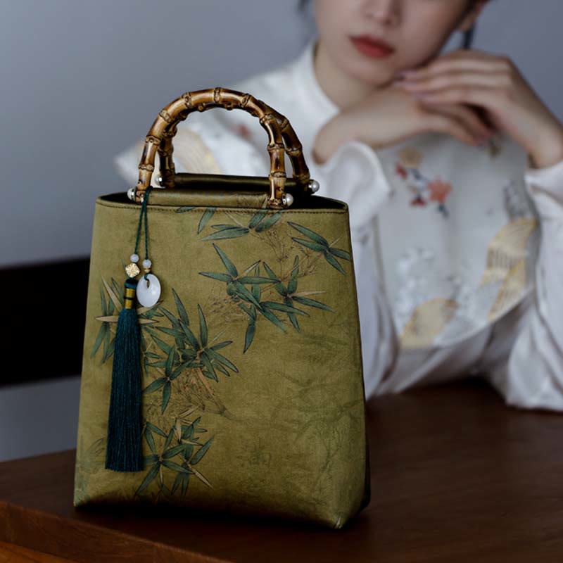 Yellow Green Bamboo Leaves Handbag with Bamboo Handles | Spiritual Accessory