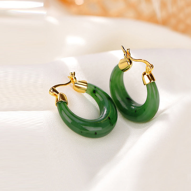 23mm Hetian Cyan Jade Gold Plated Luck Drop Earrings