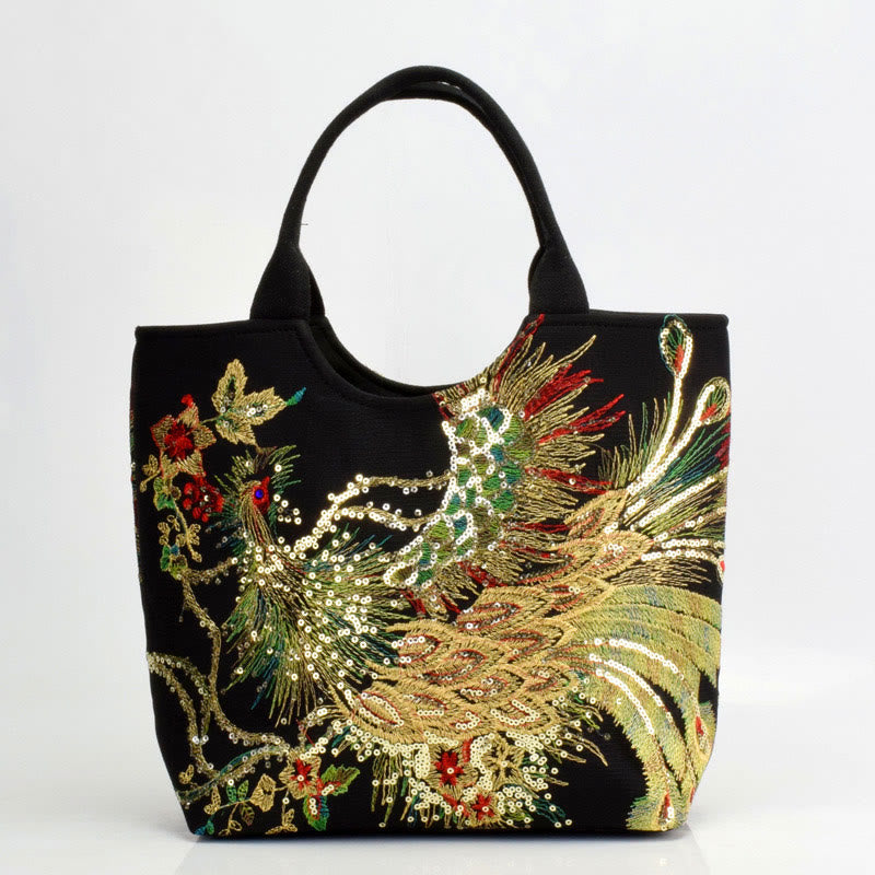 Peacock Embroidered Tote Bag | Canvas Shoulder Crossbody