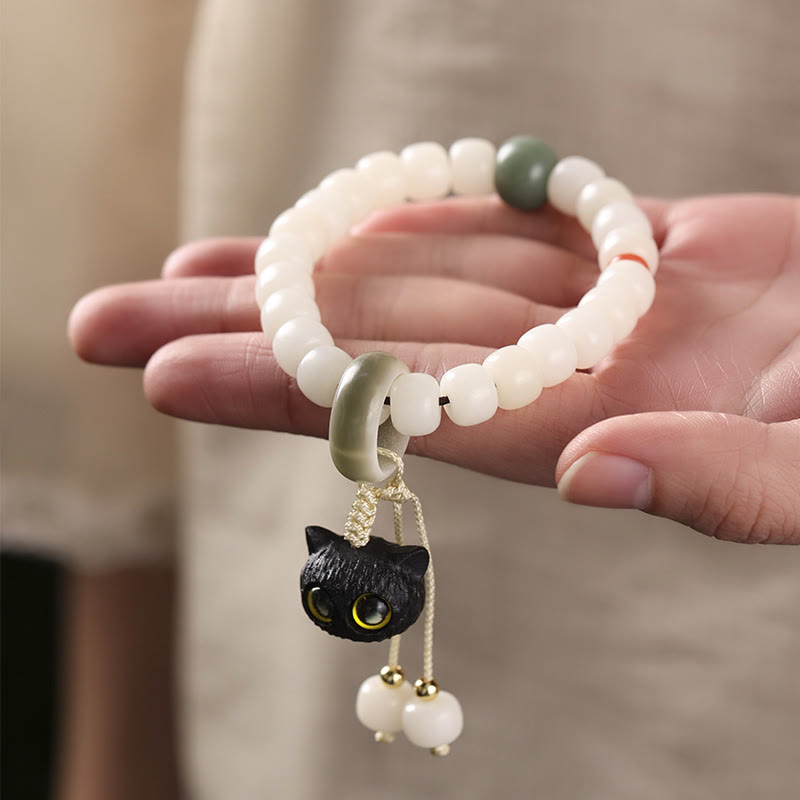 Natural Bodhi Seed Bracelet with Cat Charm for Peace & Harmony