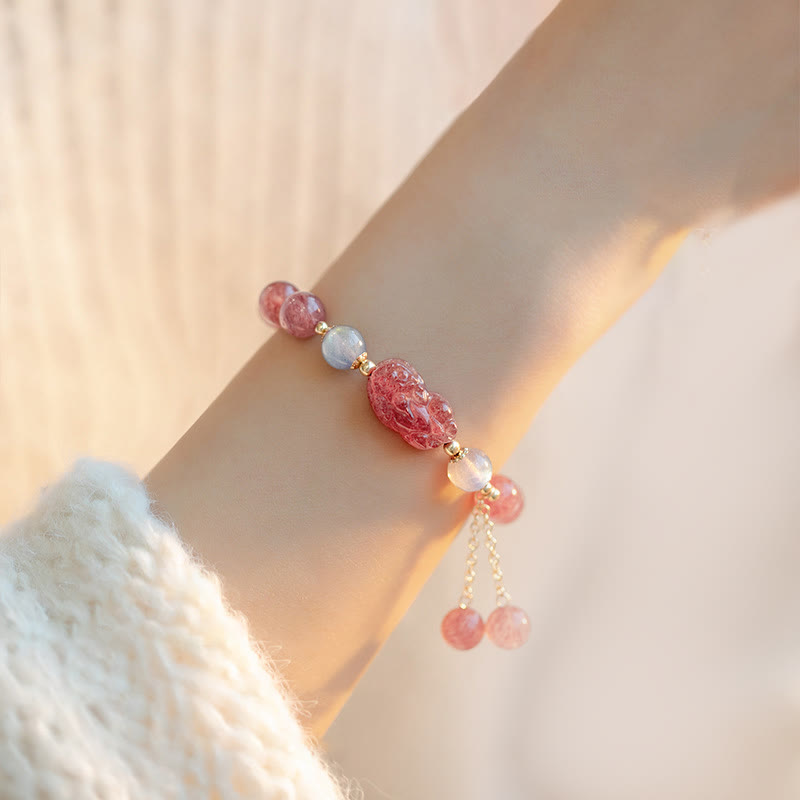 Pixiu Bracelet with Strawberry Quartz Moonstone 8.5mm Beads for Love