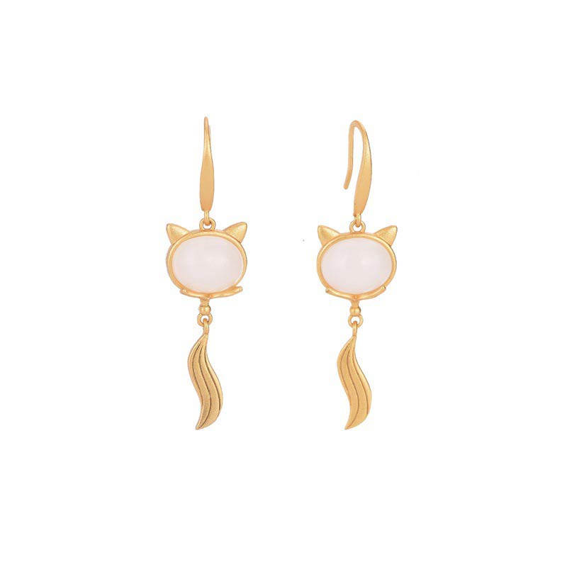 FengShui White Jade Fox Fortune Earrings 45mm Drop