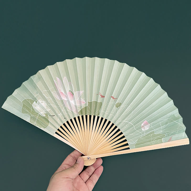 Lotus Flower Chinese Folding Fan with Bamboo & Paper