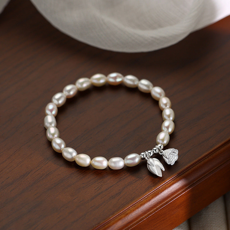999 Sterling Silver Lotus Pearl Healing Bracelet 14-16cm