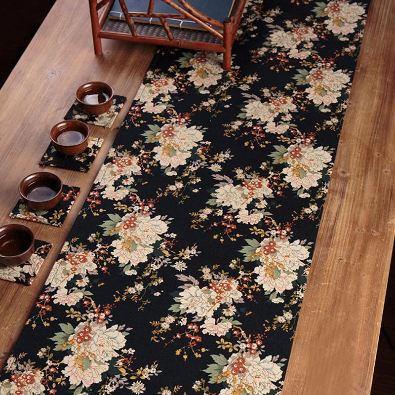 Vintage Bamboo Tea Mat 35x100cm | Peony Flower Coaster