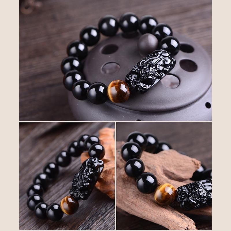 Natural Black Obsidian PiXiu Bracelet 14mm for Strength