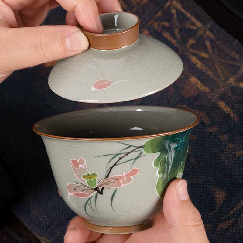 Zen Ceramic Lotus Koi Fish Gaiwan Teacup 140ml