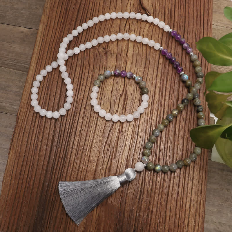 108 Bead Gemstone Mala Bracelet | White Agate Amethyst