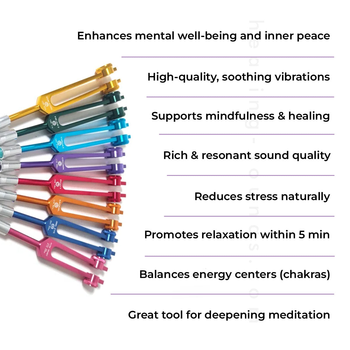 Colorful tuning forks in a fan shape promoting the benefits of 639 Hz Solfeggio Healing