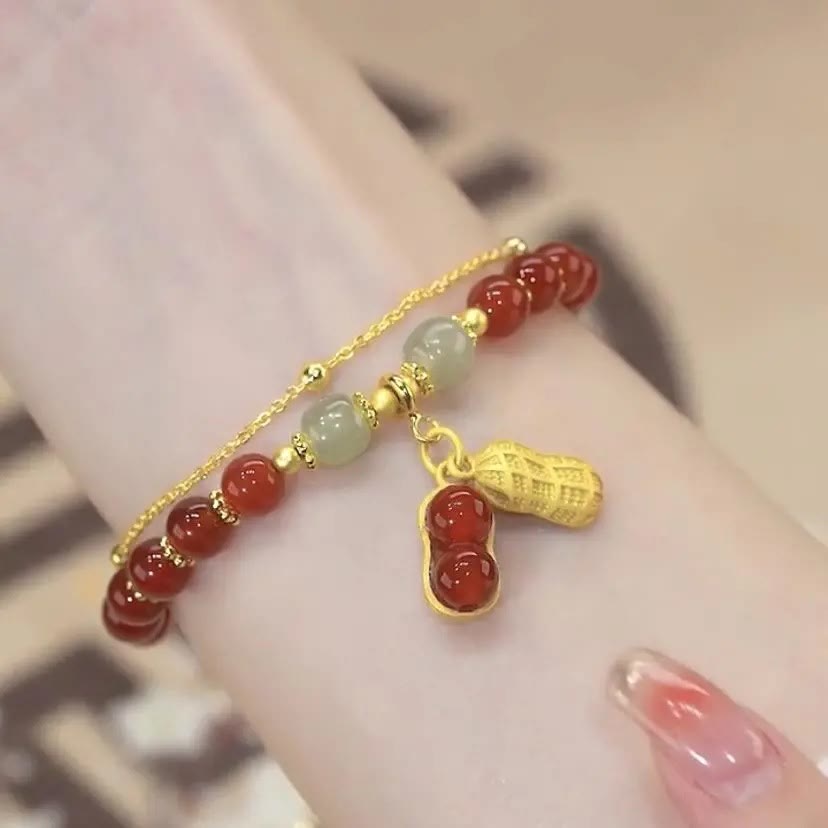 Jade Luck Beaded Bracelet with Leaf, Tulip & Fu Symbol