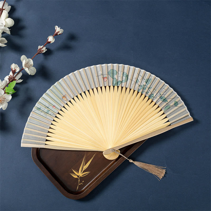 21cm Chinese Folding Fan with Lotus Begonia Jasmine Motifs in Bamboo Frame