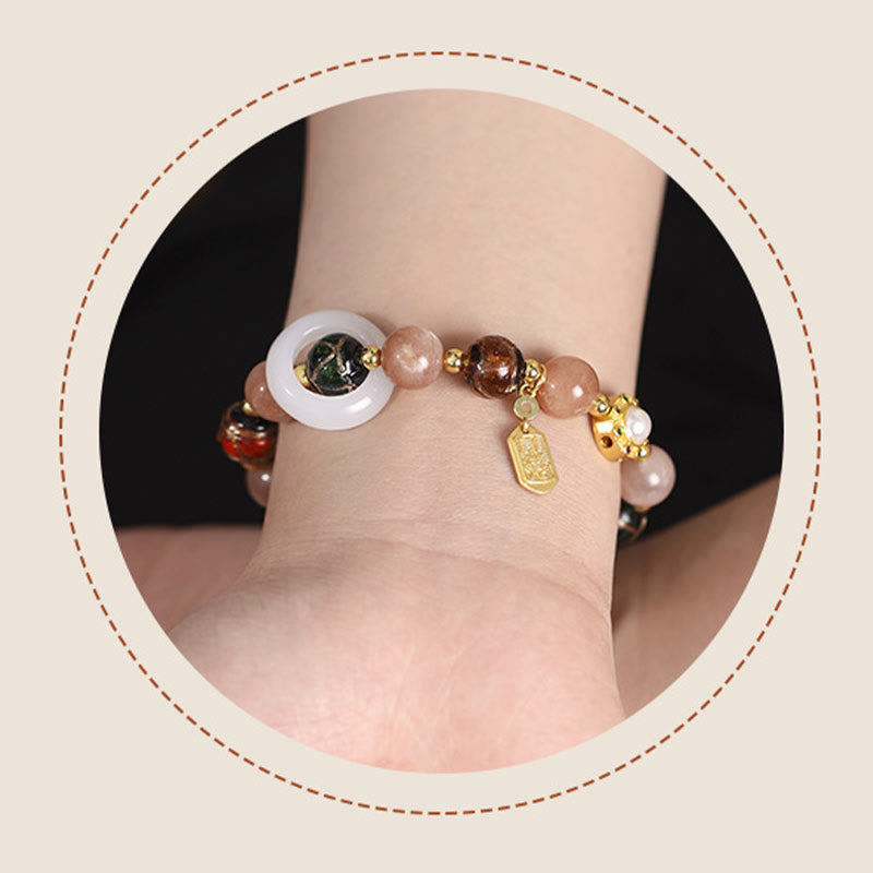 Om Mani Padme Hum Om Bracelet with Tridacna & Sun Stones 14-16cm