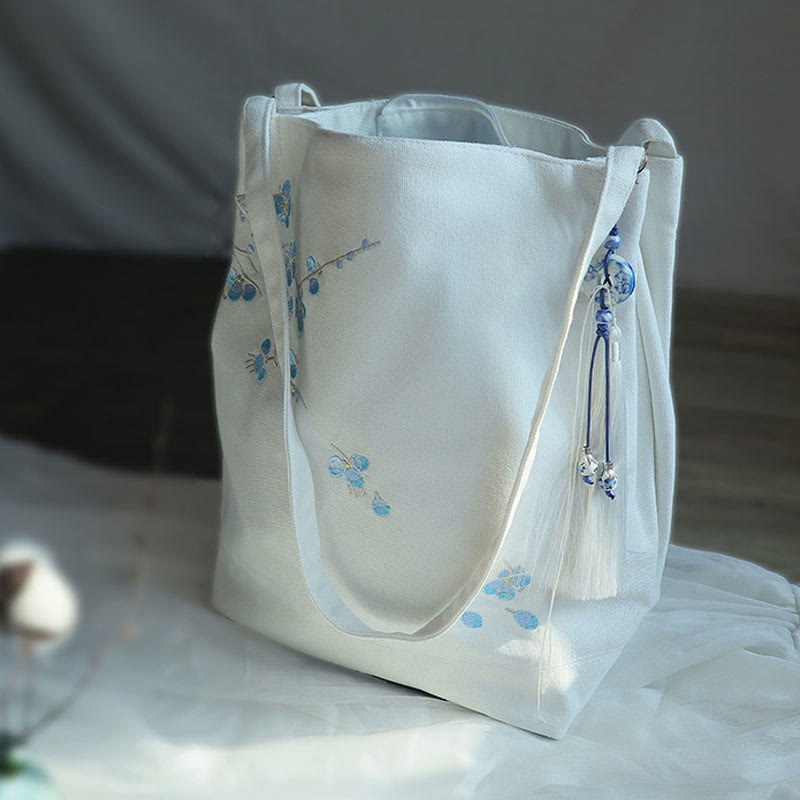 Canvas Tote Bag with Flower Crane & Plum Blossom Embroidery