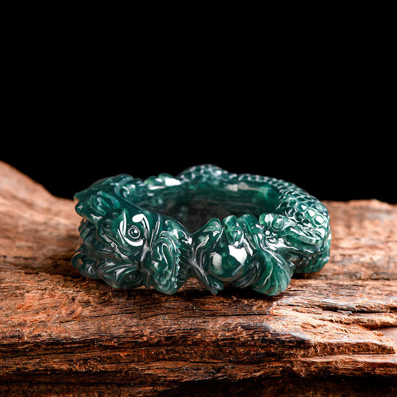 Cyan Jade Dragon Carved Success Ring 21-22mm