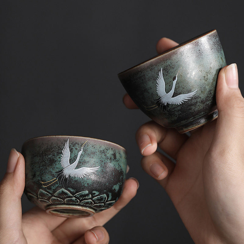 Auspicious Crane Ceramic Tea Cup for Meditation & Ritual