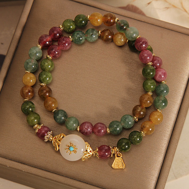 Multicolored Tourmaline Jade Flower Double Wrap Bracelet