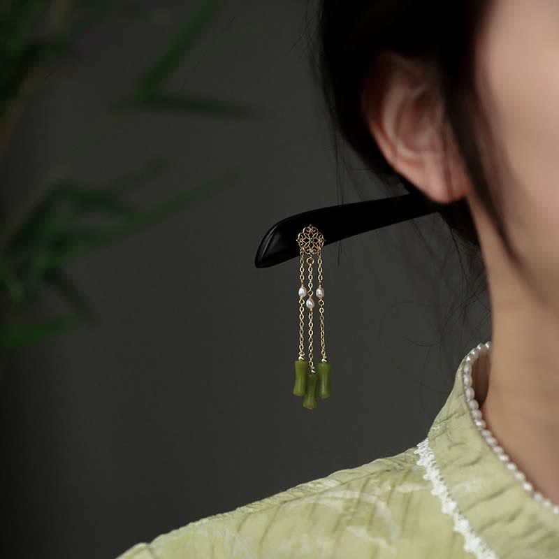 Natural Peridot & Ebony Wood Love Tassels Hairpin