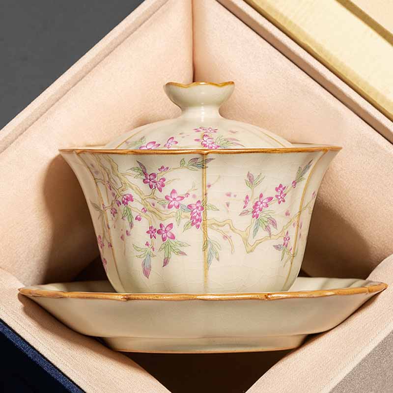 Beige Ceramic Gaiwan with Plum Blossom Design 120ml Tea Set