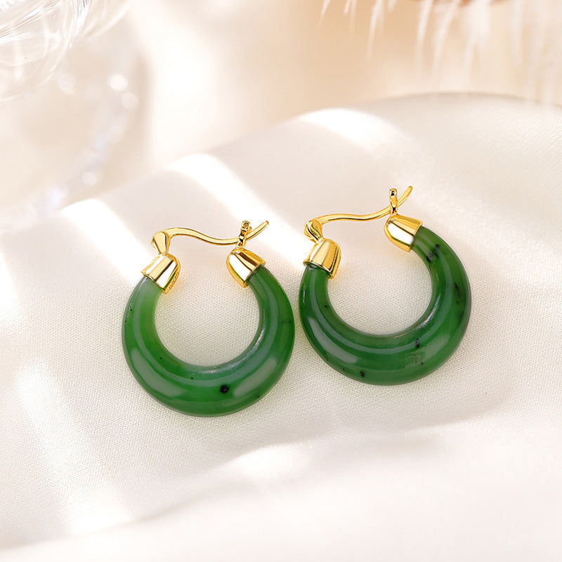 23mm Hetian Cyan Jade Gold Plated Luck Drop Earrings