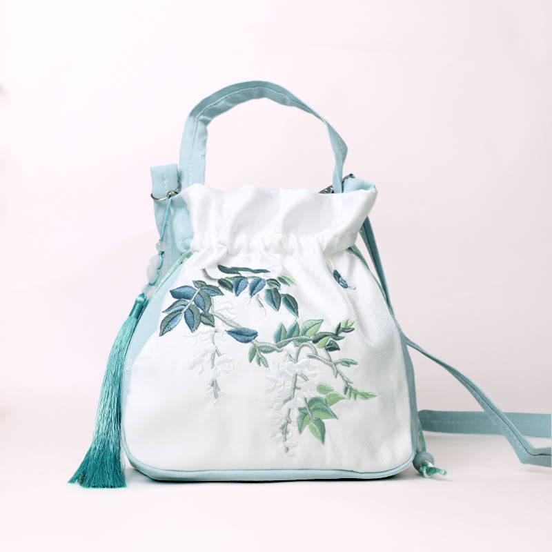 Embroidered Cotton Linen Tote Bag With Wisteria Flowers