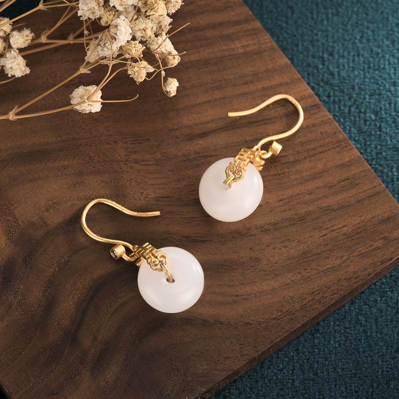White Jade Double Happiness Fortune Earrings 1.34in Drop