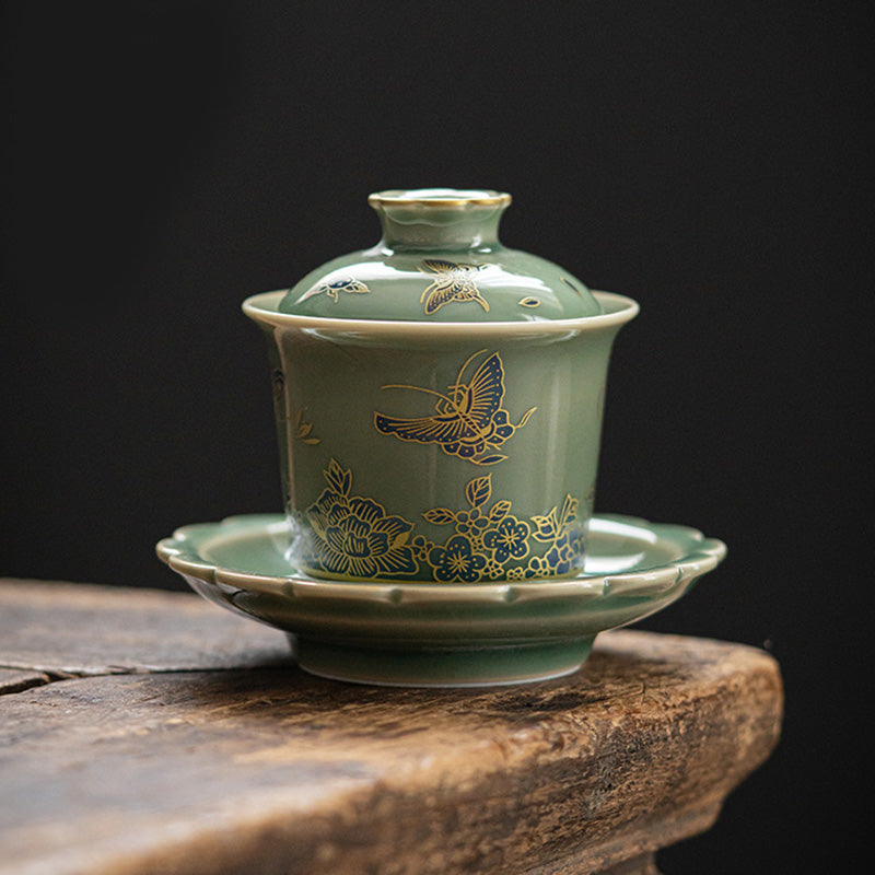 Green Porcelain Gaiwan Tea Set | Butterfly Flower & Salmon Design