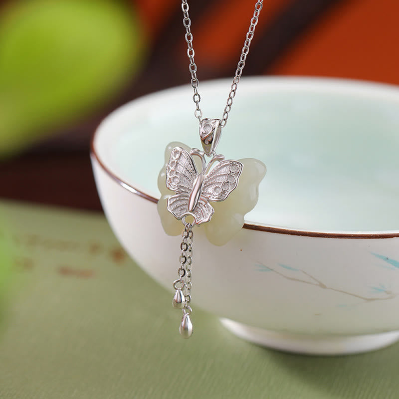 Gold Plated Hetian White Jade Butterfly Blessing Necklace Pendant