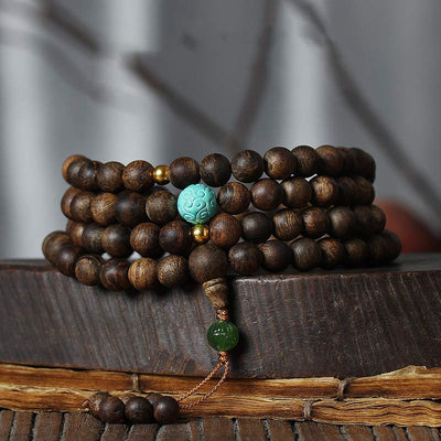 108 Wood Mala Beads Agarwood Turquoise Bracelet for Meditation