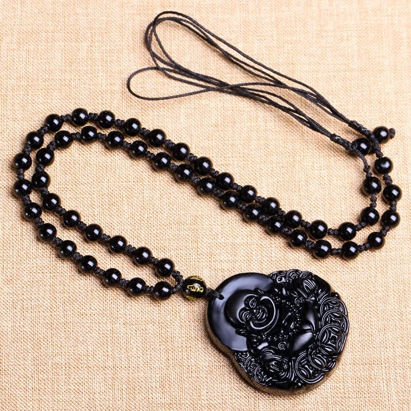 Black Obsidian Laughing Buddha Strength Protection Necklace