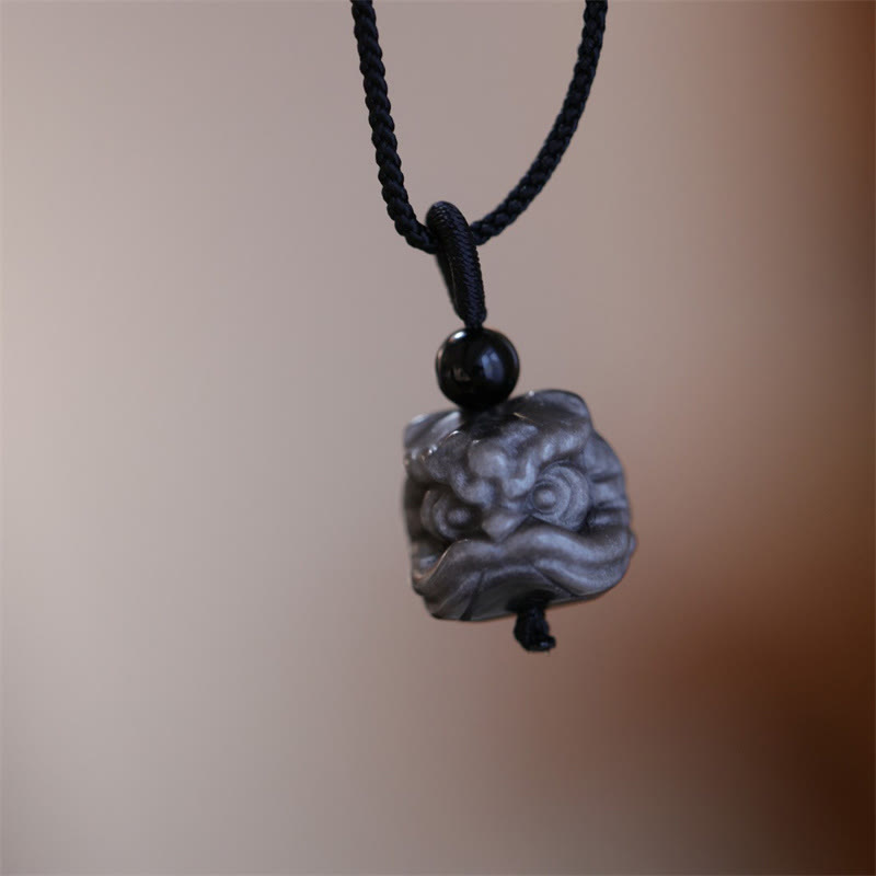 Silver Sheen Obsidian Dancing Lion Protection Necklace Unisex