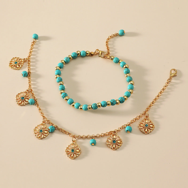 Turquoise Flower Protection Bracelet and Anklet Set