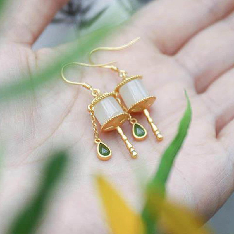 38mm Jade & 925 Sterling Silver Drop Earrings for Luck