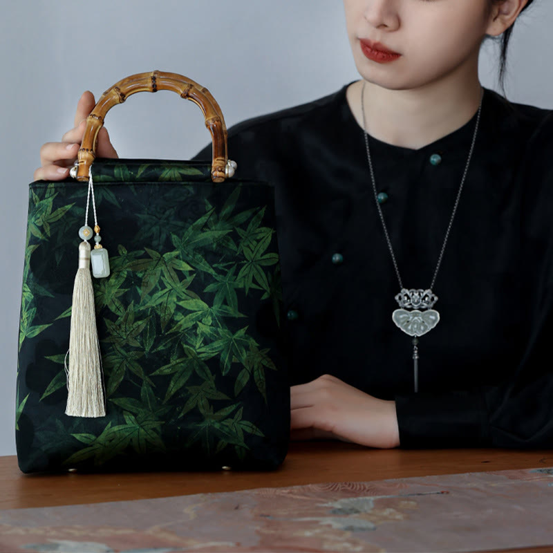 Bamboo Leaves Butterfly Koi Fish Handbag with Jade Handles