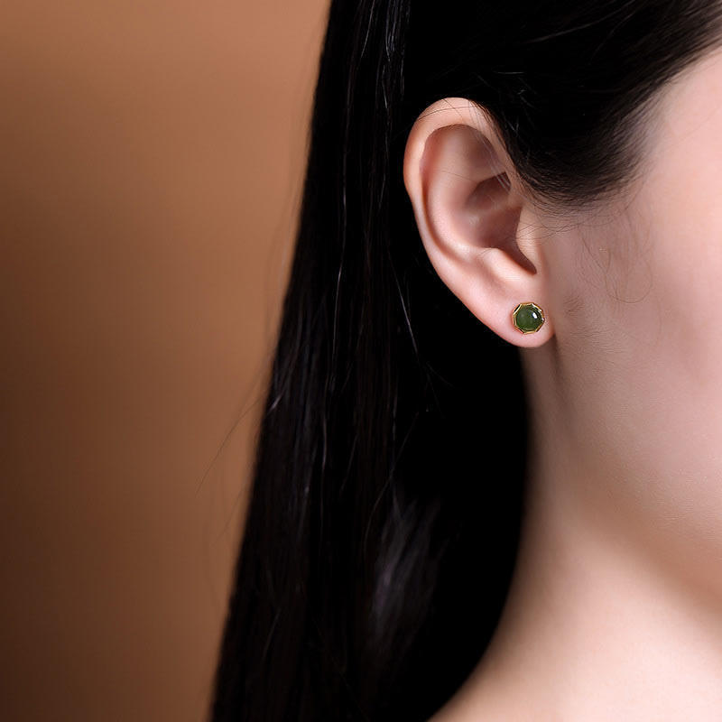 8mm Cyan Jade Stud Earrings in Sterling Silver Gold Plated for Luck