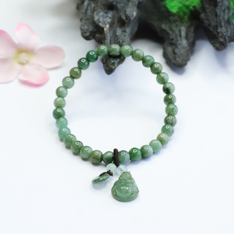 Cyan Jade Buddha Bracelet with Laughing Buddha Charm for Healing