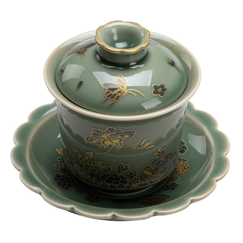 Green Porcelain Gaiwan Tea Set | Butterfly Flower & Salmon Design