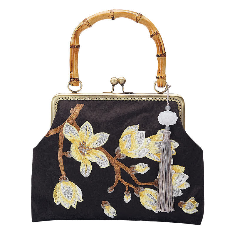 Plum Blossom Embroidery Handbag with Bamboo Handle | Elegant Crossbody