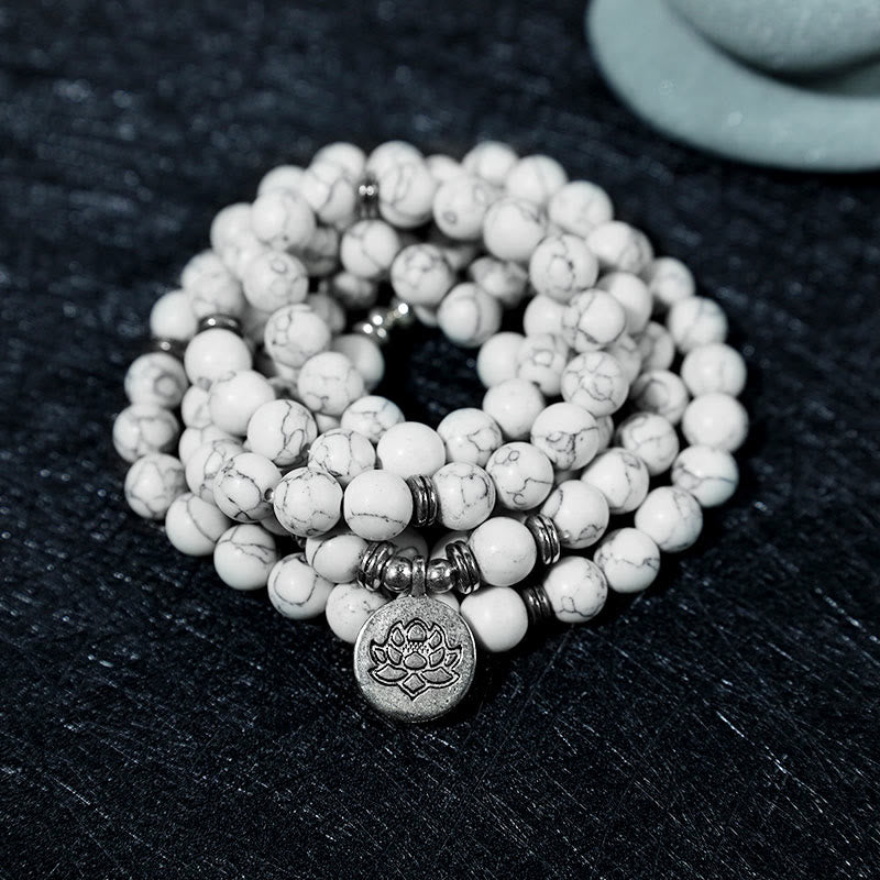 8mm White Turquoise Lotus Mala Healing Bracelet for Calm