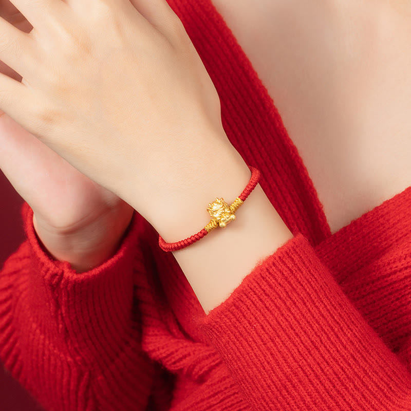999 Sterling Silver Dragon Bracelet with Red String for Luck & Protection