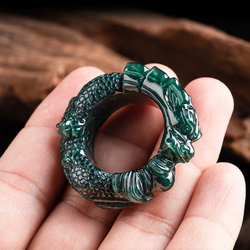 Cyan Jade Dragon Carved Success Ring 21-22mm