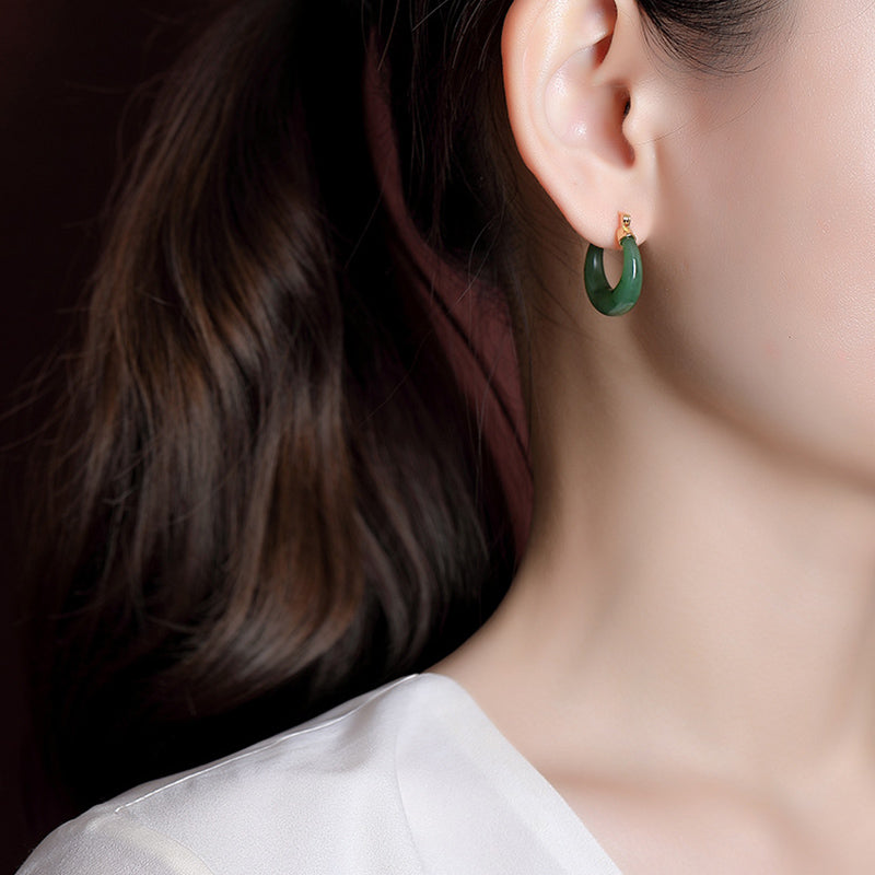 23mm Hetian Cyan Jade Gold Plated Luck Drop Earrings